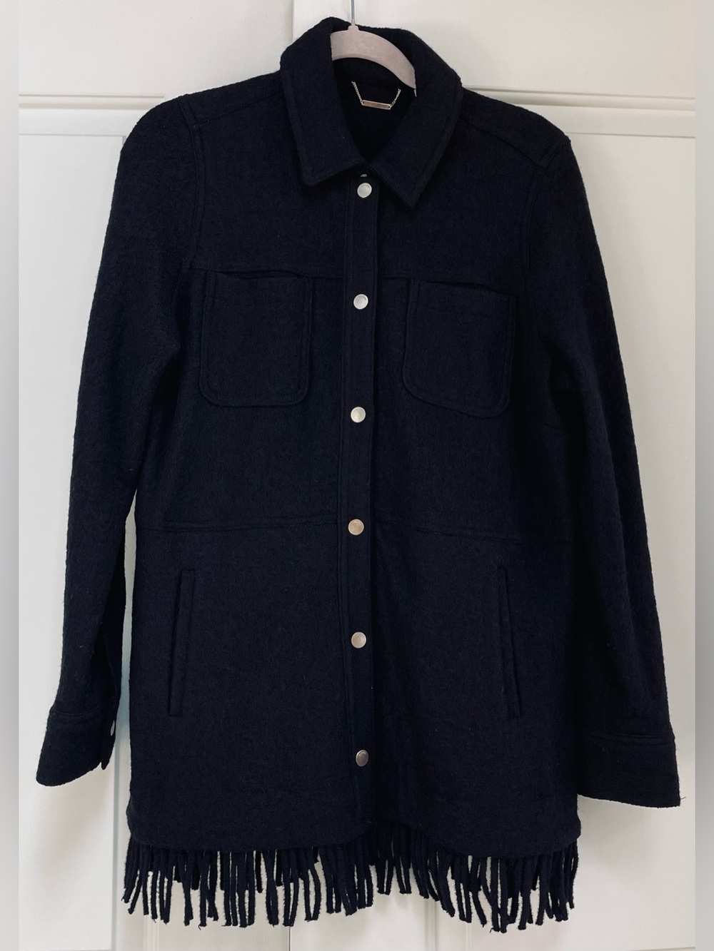 Chico’s Black Boiled Wool Heavy Button Down Fringe Jacket Size 1 Medium 8-10 - Picture 2 of 12